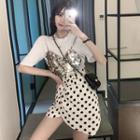 Mock Two-piece Short-sleeve Top / Mini Dotted Wrap Skirt