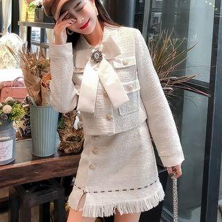 Set: Bow-accent Buttoned Jacket + Fringed Mini A-line Skirt