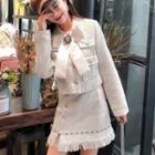 Set: Bow-accent Buttoned Jacket + Fringed Mini A-line Skirt