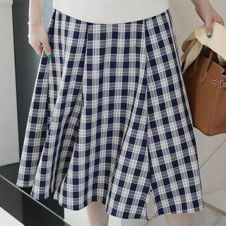 Slit-hem Plaid Long Flare Skirt