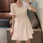 Puff-sleeve Square-neck Chiffon A-line Mini Dress White - One Size