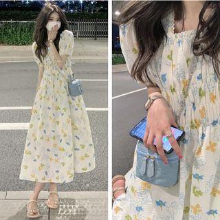 Short-sleeve Floral Midi A-line Dress Yellow & Blue & Green Floral - White - One Size