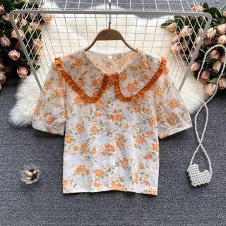 Color Block Lapel Floral Short-sleeve Top