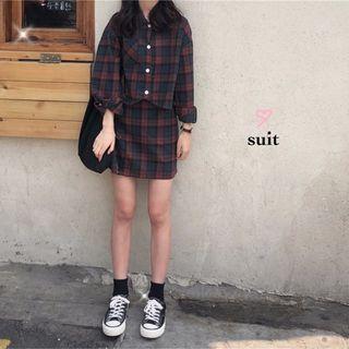 Set: Peter Pan-collar Plaid Shirt + Mini Skirt