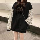 Mock Two-piece Plaid Panel Hoodie Black - One Size