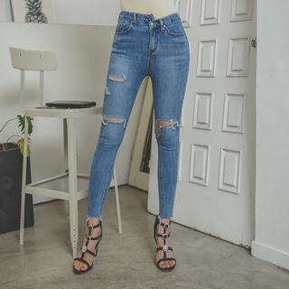 Asymmetric-waistline Distressed Skinny Jeans
