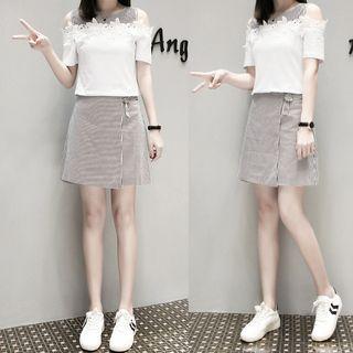 Set: Short-sleeve Cold-shoulder Top + Striped A-line Skirt