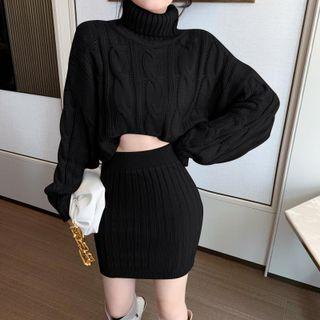 Set: Turtleneck Cropped Cable Knit Sweater + Mini Pencil Skirt
