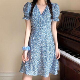 Puff-sleeve Floral Print Chiffon A-line Mini Dress