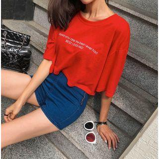 Set: Lettering Linen Blend T-shirt + Zip-side Denim Shorts