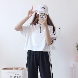 Lettering Short-sleeve Zip Polo Shirt / Cropped Striped Trim Sweatpants