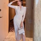 Long-sleeve Asymmetric Shirred Sheath Dress