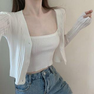 Set: Rib Knit Cropped Camisole Top + Cardigan