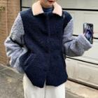 Color Block Fleece Buttoned Jacket / Corduroy Wide-leg Pants