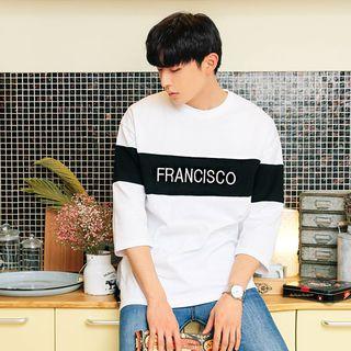 3/4-sleeve Contrast-trim Lettering T-shirt