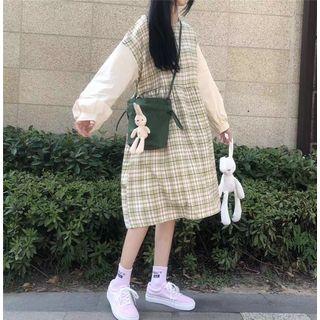 Plaid Panel Long-sleeve A-line Dress Green - One Size