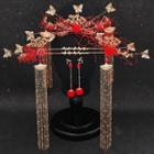 Set: Wedding Butterfly Tiara + Hair Stick + Fringed Earring Set - Gold & Red - One Size