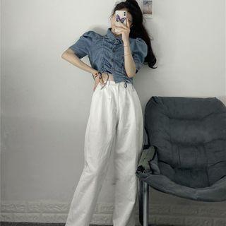 Puff-sleeve Drawstring Denim Cropped Top / High-waist Plain Pants