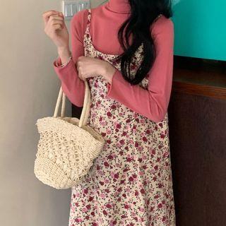 Long-sleeve Turtleneck Top / Spaghetti Strap Floral Print Midi A-line Dress