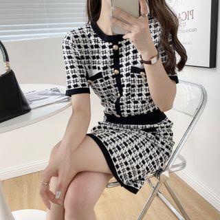 Short-sleeve Contrast Trim Pattern Printed Dress