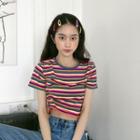 Striped Short-sleeve Drawstring Cropped T-shirt Multicolor - One Size