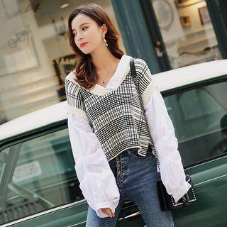 Puff-sleeve Plaid Panel V-neck Sweater