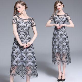Short-sleeve Embroidered Mesh Overlay A-line Midi Dress