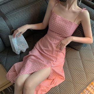 Set: Dotted Spaghetti Strap Cropped Top + High-waist Midi A-line Split Skirt Top - Dotted - Pink - One Size / Skirt - Pink - One Size