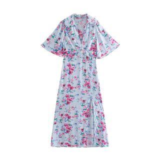 Short-sleeve Open-collar Floral Slit Maxi A-line Dress
