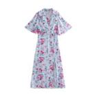 Short-sleeve Open-collar Floral Slit Maxi A-line Dress