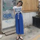 Cap-sleeve Lettering T-shirt / Drawstring Midi Pencil Skirt