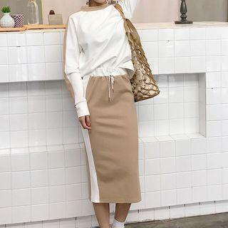 Set: Contrast Trim Pullover + Drawstring Midi Skirt