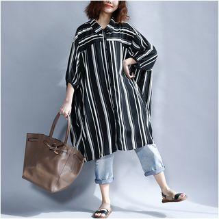 3/4-sleeve Striped Long Shirt Stripes - Black & White - One Size