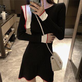 Ruffled Ribbed Knit Dress Black - One Size