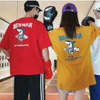 Elbow-sleeve Shark Print Lettering T-shirt