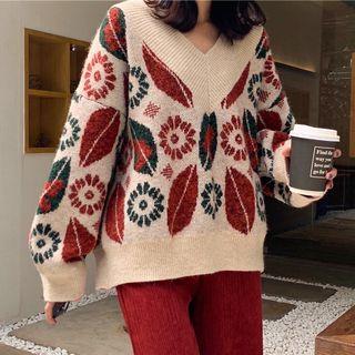 V-neck Patterned Sweater As Shown In Figure - One Size