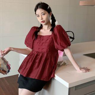 Puff-sleeve Square-neck Mini Dress Red - One Size