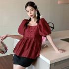 Puff-sleeve Square-neck Mini Dress Red - One Size