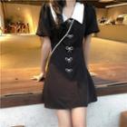 Puff-sleeve Bow Detail Mini A-line Dress Black - One Size