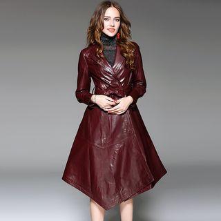 Genuine Leather Lapel Waist-tied Coat