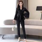 Set: Bell-sleeve Blouse + Dress Pants