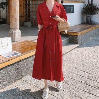 Short-sleeve Contrast Stitching Midi Shirtdress