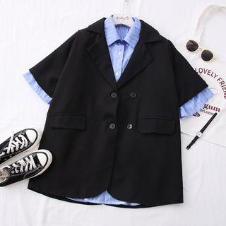 Set: Dip-back Striped Shirt + Double-breasted Blazer Black - One Size