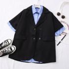 Set: Dip-back Striped Shirt + Double-breasted Blazer Black - One Size