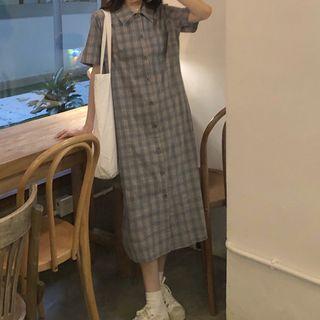 Plaid Loose-fit Polo Dress Blue Plaid - One Size