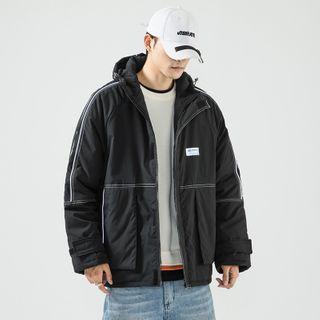 Long-sleeve Contrast Trim Applique Zipped Hooded Jacket