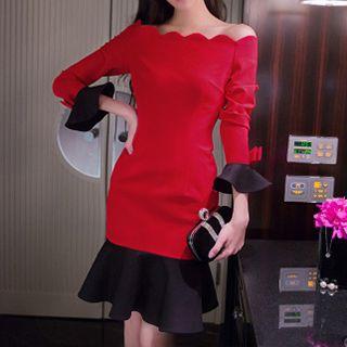 Off Shoulder Frilled Trim Sheath Dress