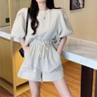 Set: Puff-sleeve Plain T-shirt / Wide-leg Shorts