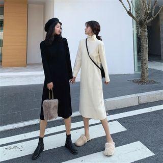 Long-sleeve Turtleneck Knit Midi A-line Dress