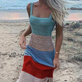 Spaghetti Strap Color Block Midi Sheath Knit Dress